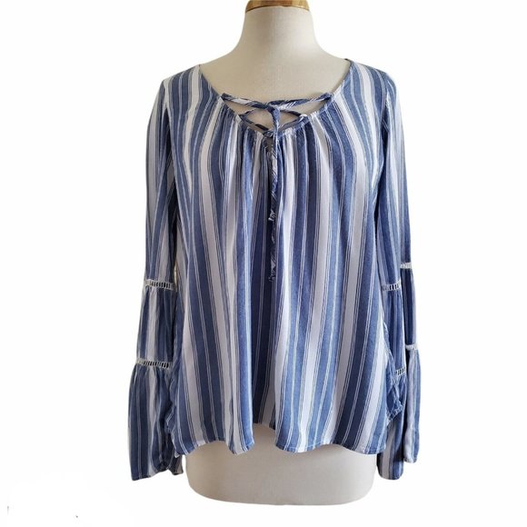 Hollister Tops - Hollister Womens Stripe Tie Front Bohemian Long Bell Sleeve Tunic Top Size L